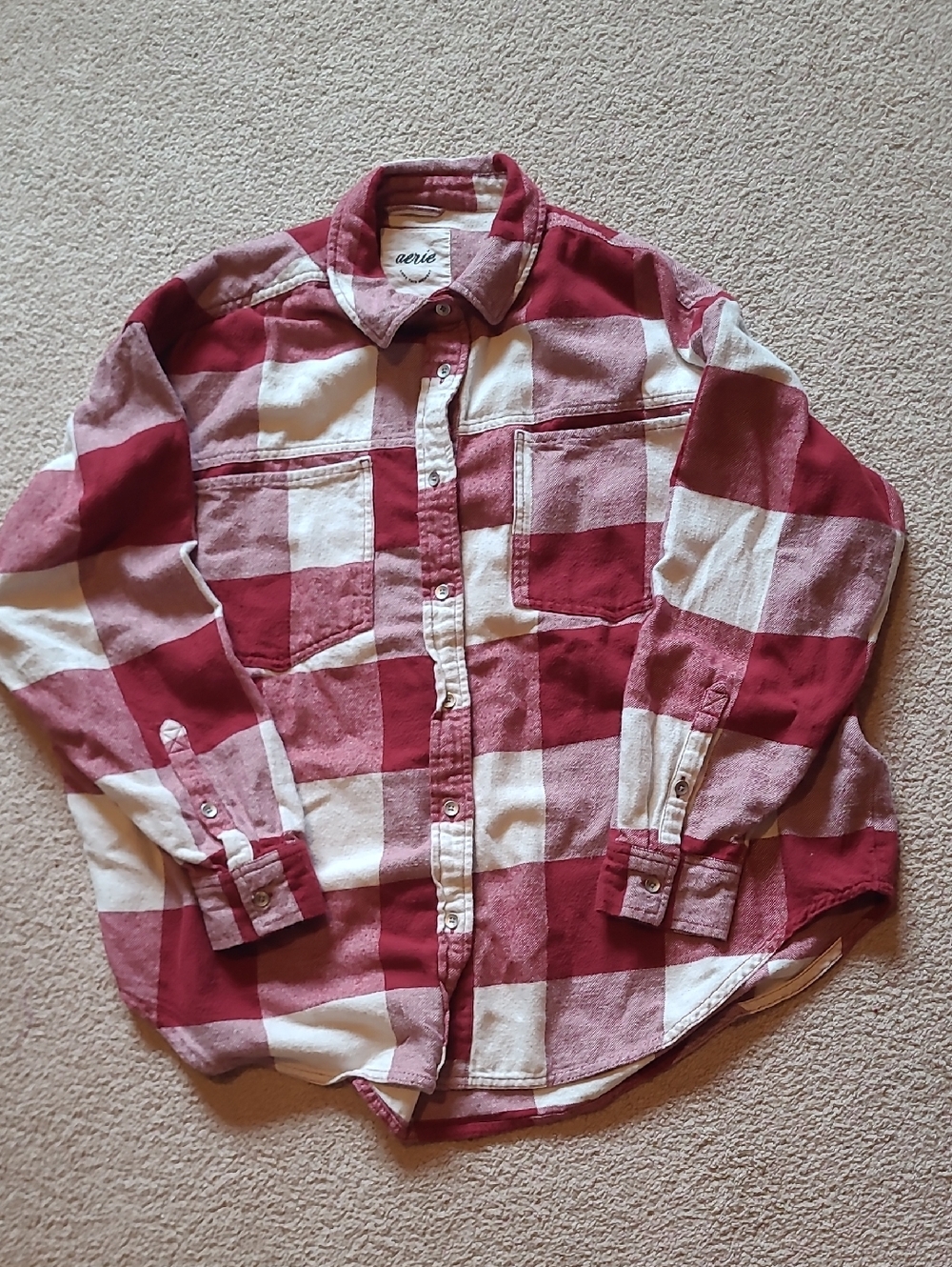 aerie Red and White Plaid Flannel Button-Up Shirt